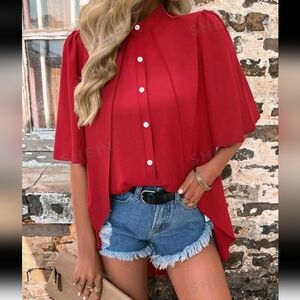 Mock Neck Button Front Puff Sleeve Foldover Shirt. XL. size 12. Red